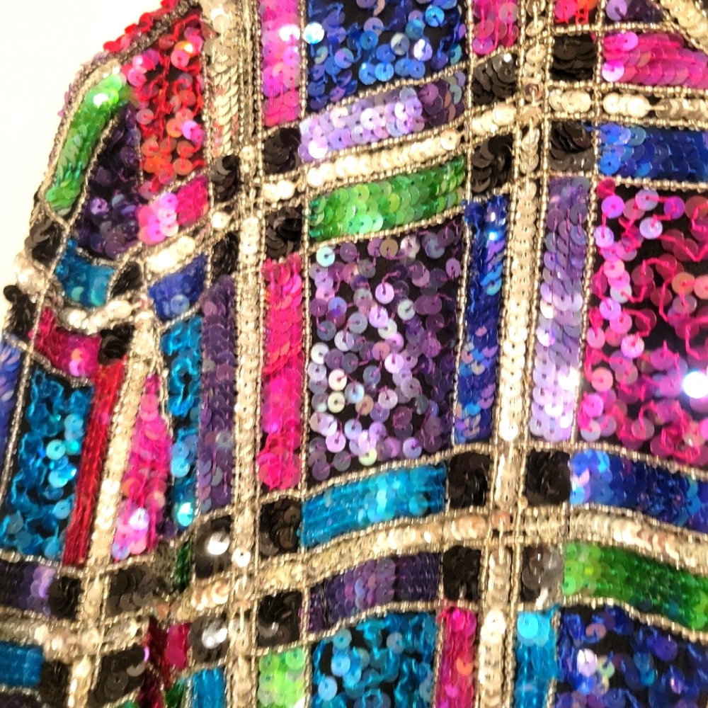VINTAGE 80'S LESLIE FAY RAINBOW SEQUIN EVENING JACKET SIZE LARGE PETITE - Picture 11 of 16